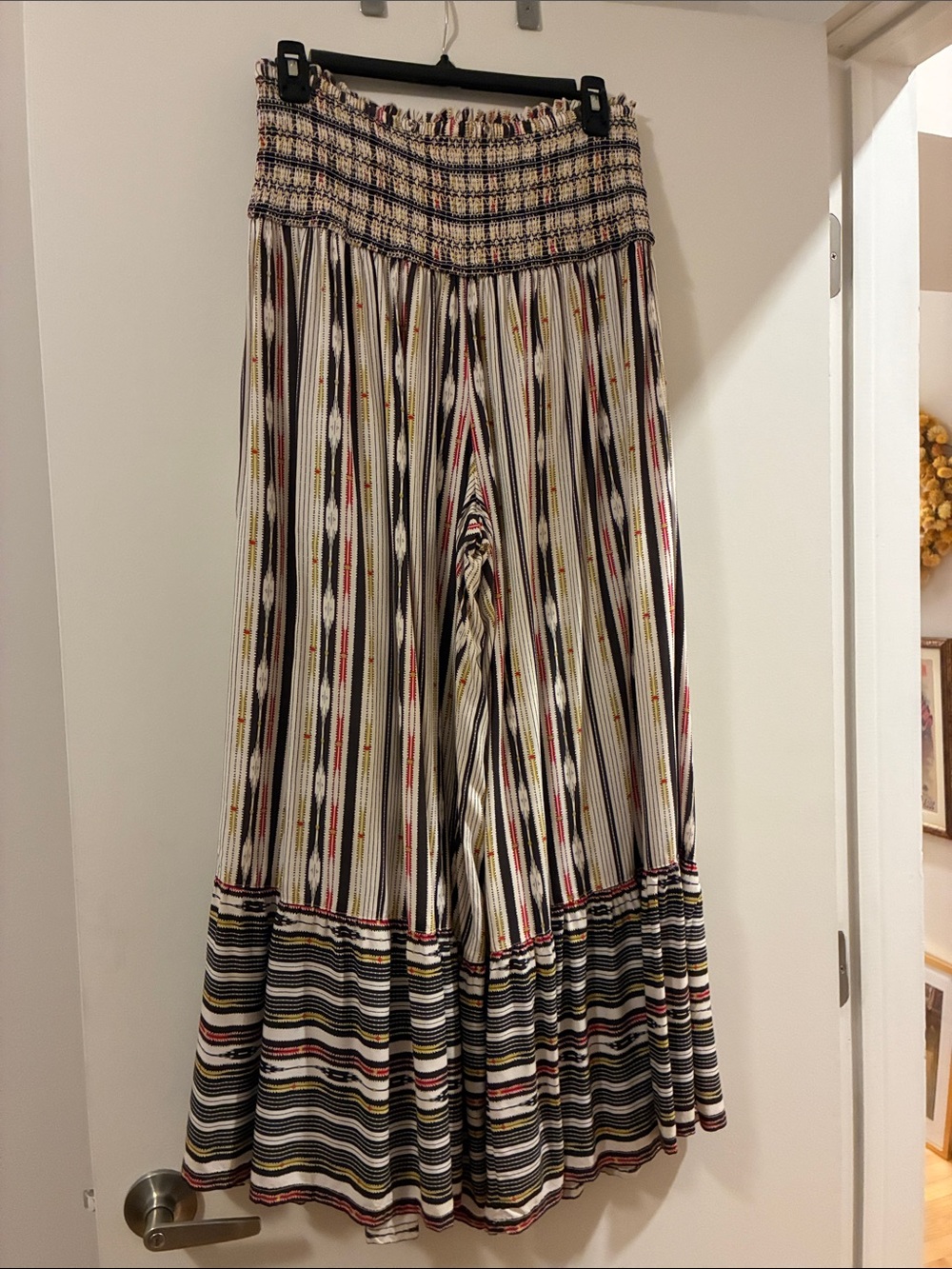 Maeve Striped Wide-Leg Smocked-Waist Pants in Black, White & Multi